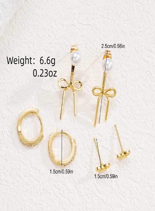 TACBSP Gold Bow Earrings Set for Women Dainty Pearl Bow Huggie Earrings Ribbon Bowknot Hoop Earrings Christmas Prom Jewelry Gifts (A.) - Image 4